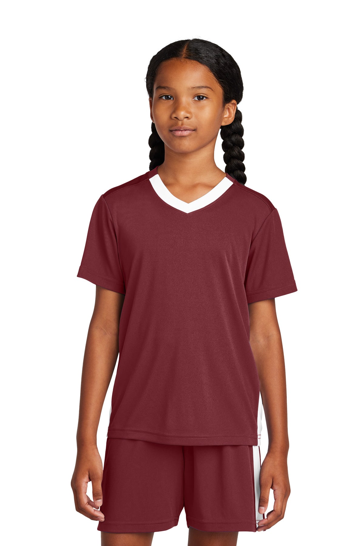 Sport-Tek Youth Competitor United V-Neck YST101 - Maroon/ White - Front