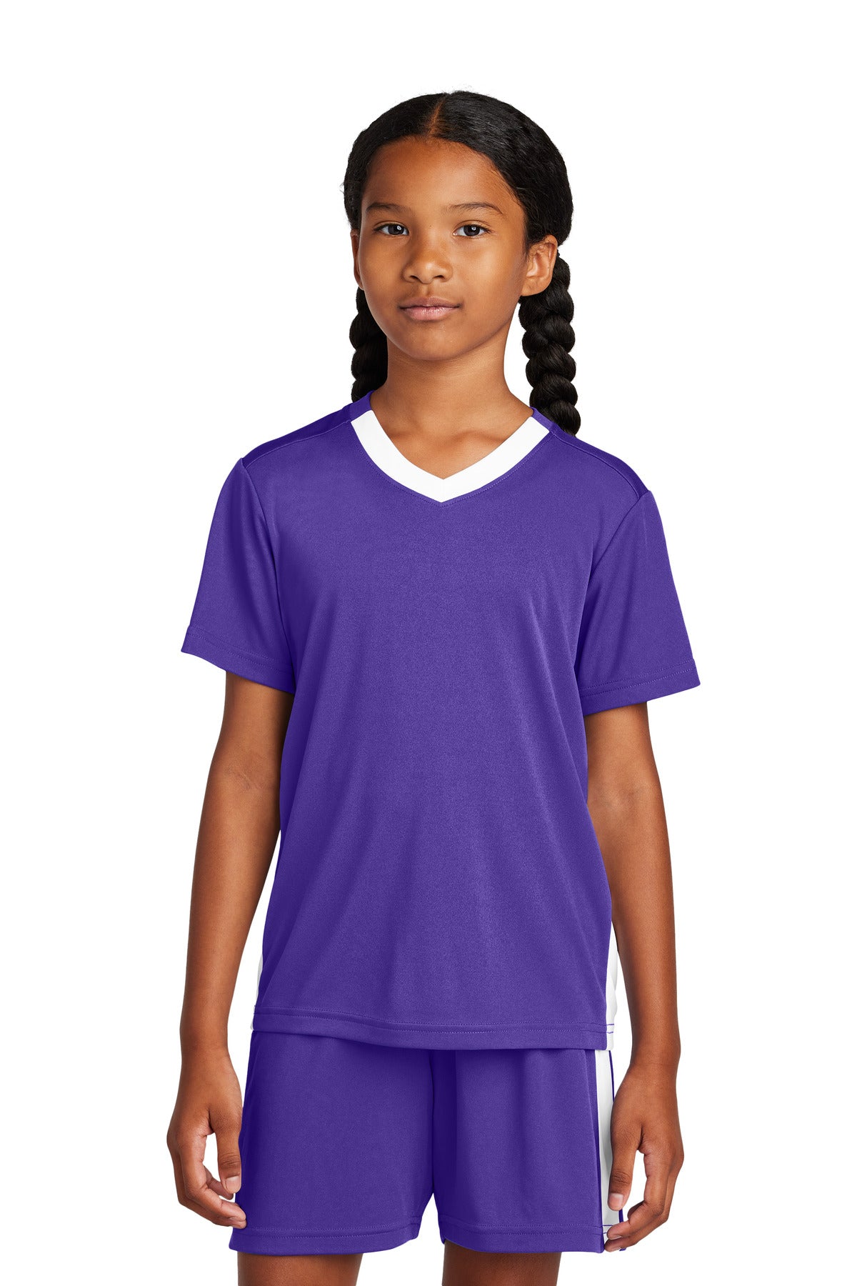 Sport-Tek Youth Competitor United V-Neck YST101 - Purple/ White - Front