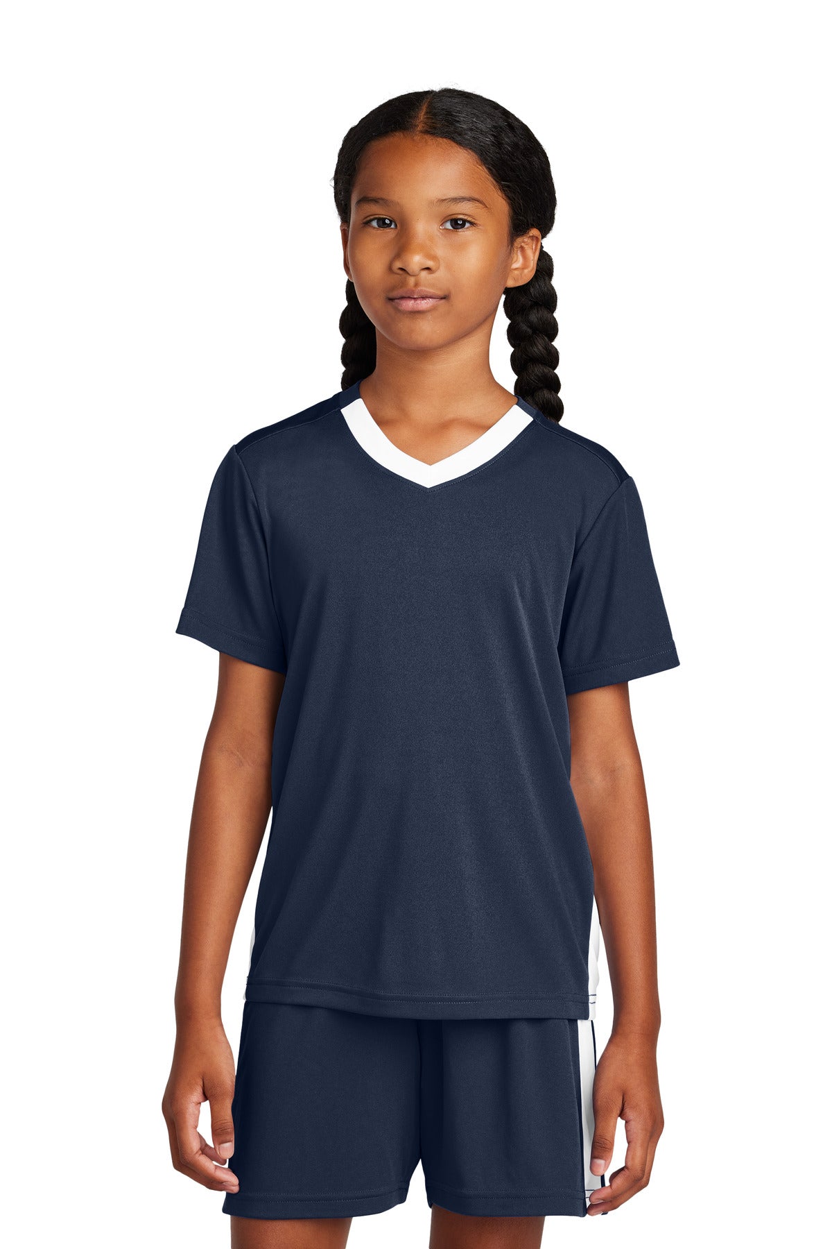 Sport-Tek Youth Competitor United V-Neck YST101 - True Navy/ White - Front