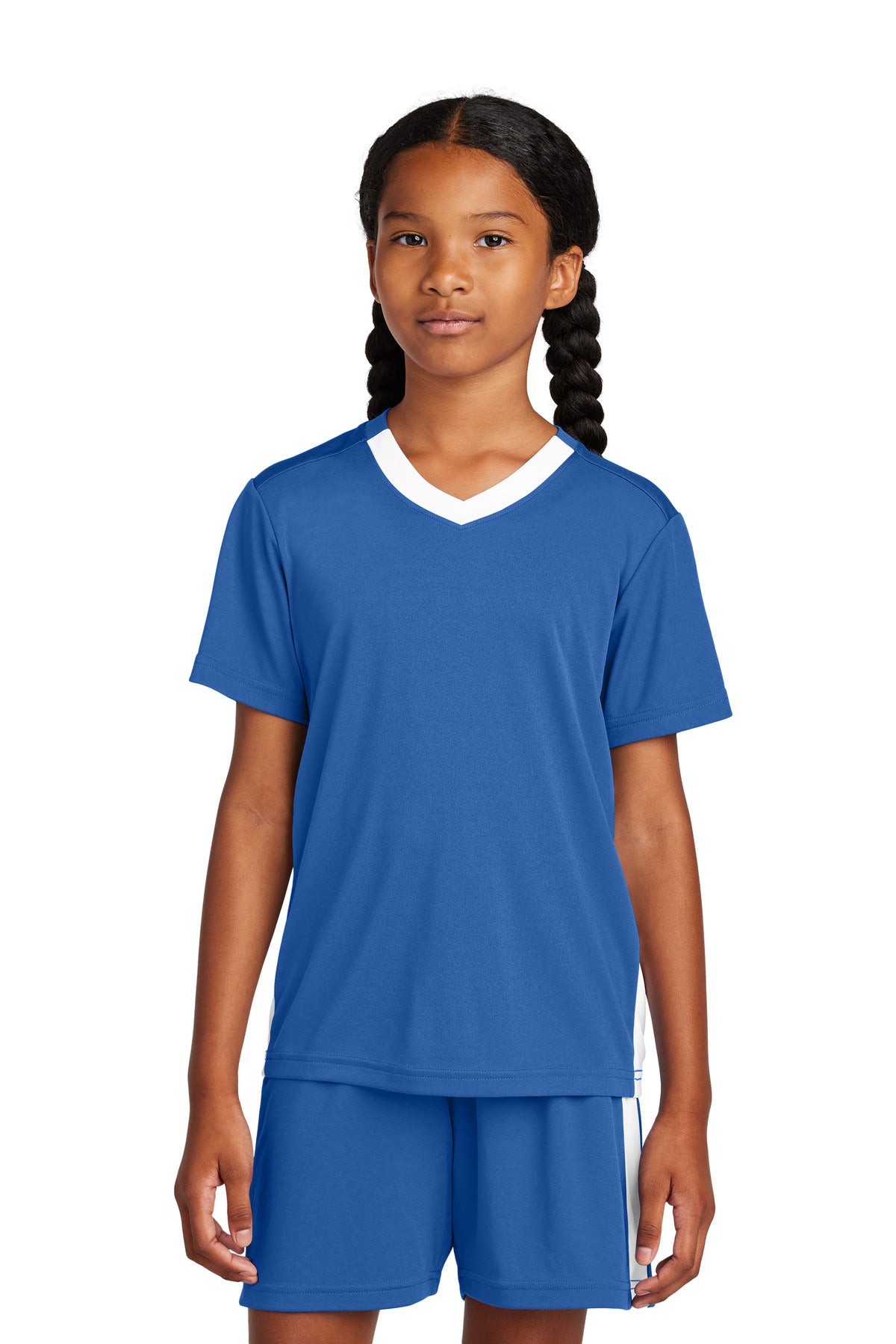 Sport-Tek Youth Competitor United V-Neck YST101 - True Royal/ White - Front