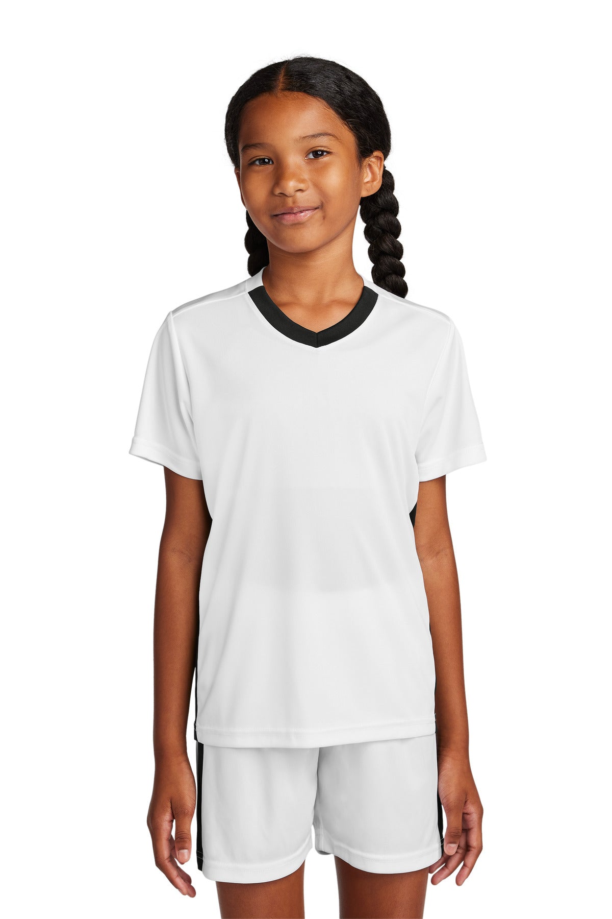 Sport-Tek Youth Competitor United V-Neck YST101 - White/ Black - Front