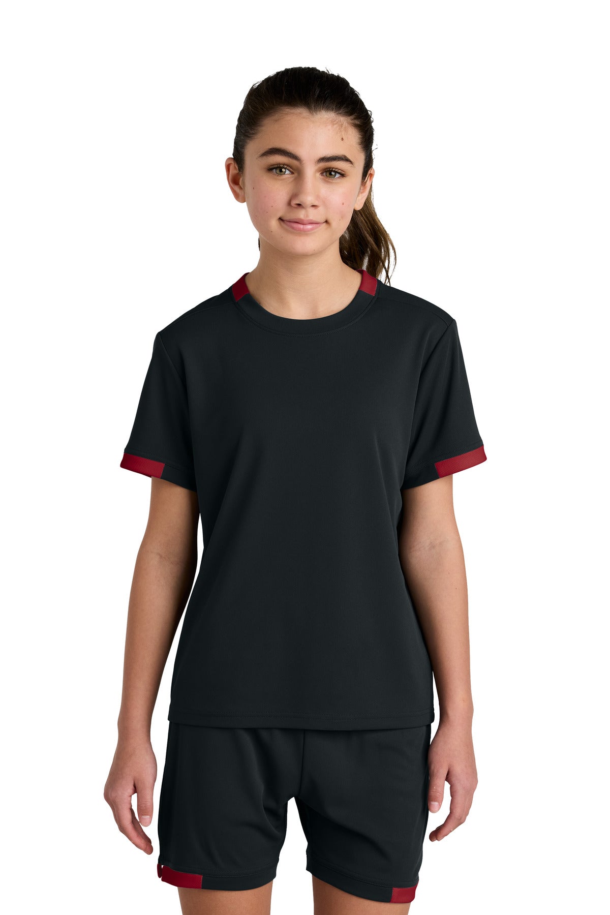 Sport-Tek Youth Club Short Sleeve Crew YST440 - Black/ Deep Red - Front