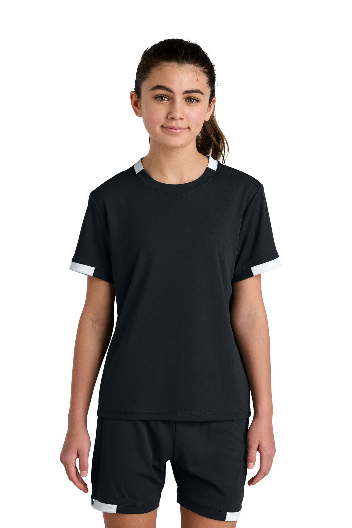 Sport-Tek Youth Club Short Sleeve Crew YST440 - Black/ White - Front