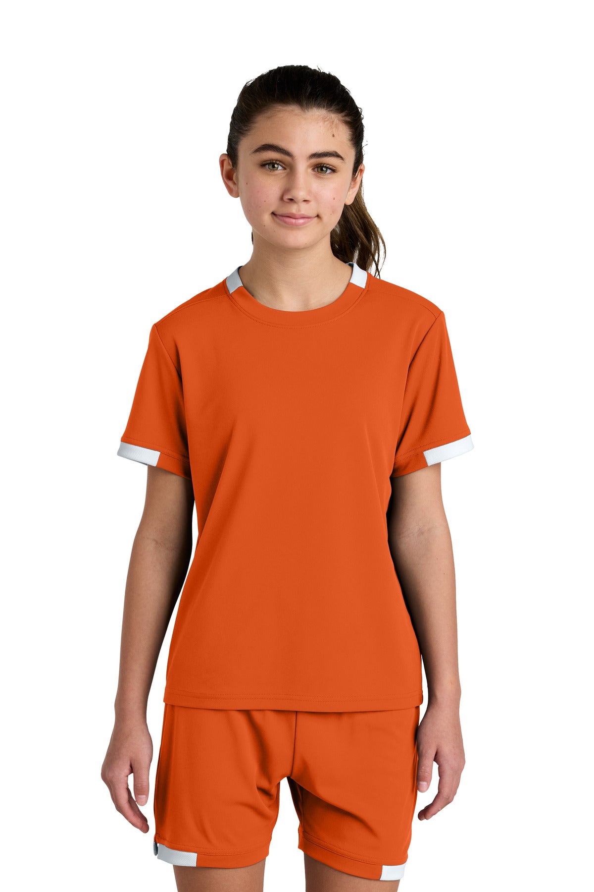 Sport-Tek Youth Club Short Sleeve Crew YST440 - Deep Orange/ White - Front