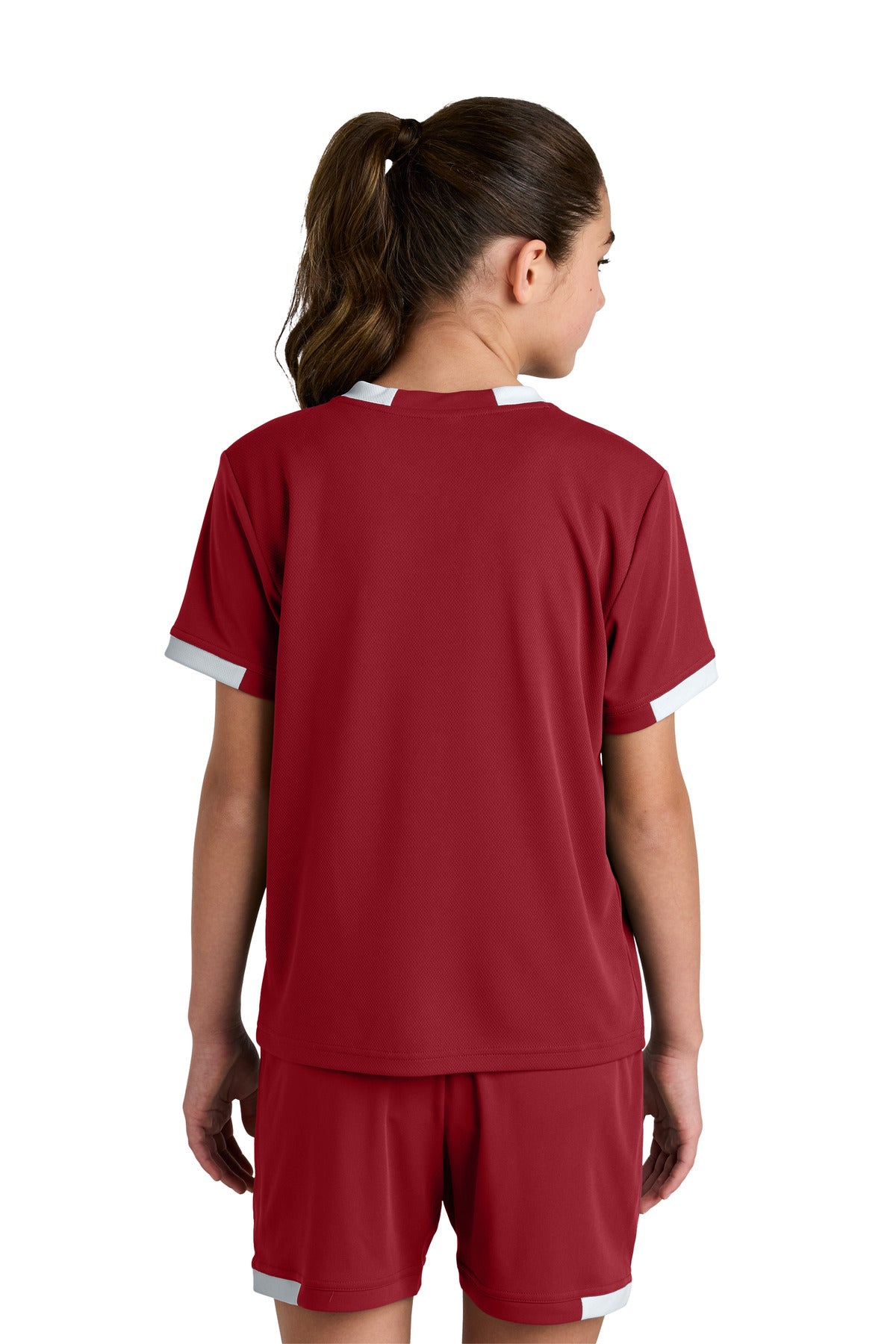 Sport-Tek Youth Club Short Sleeve Crew YST440 - Deep Red/ White - Back