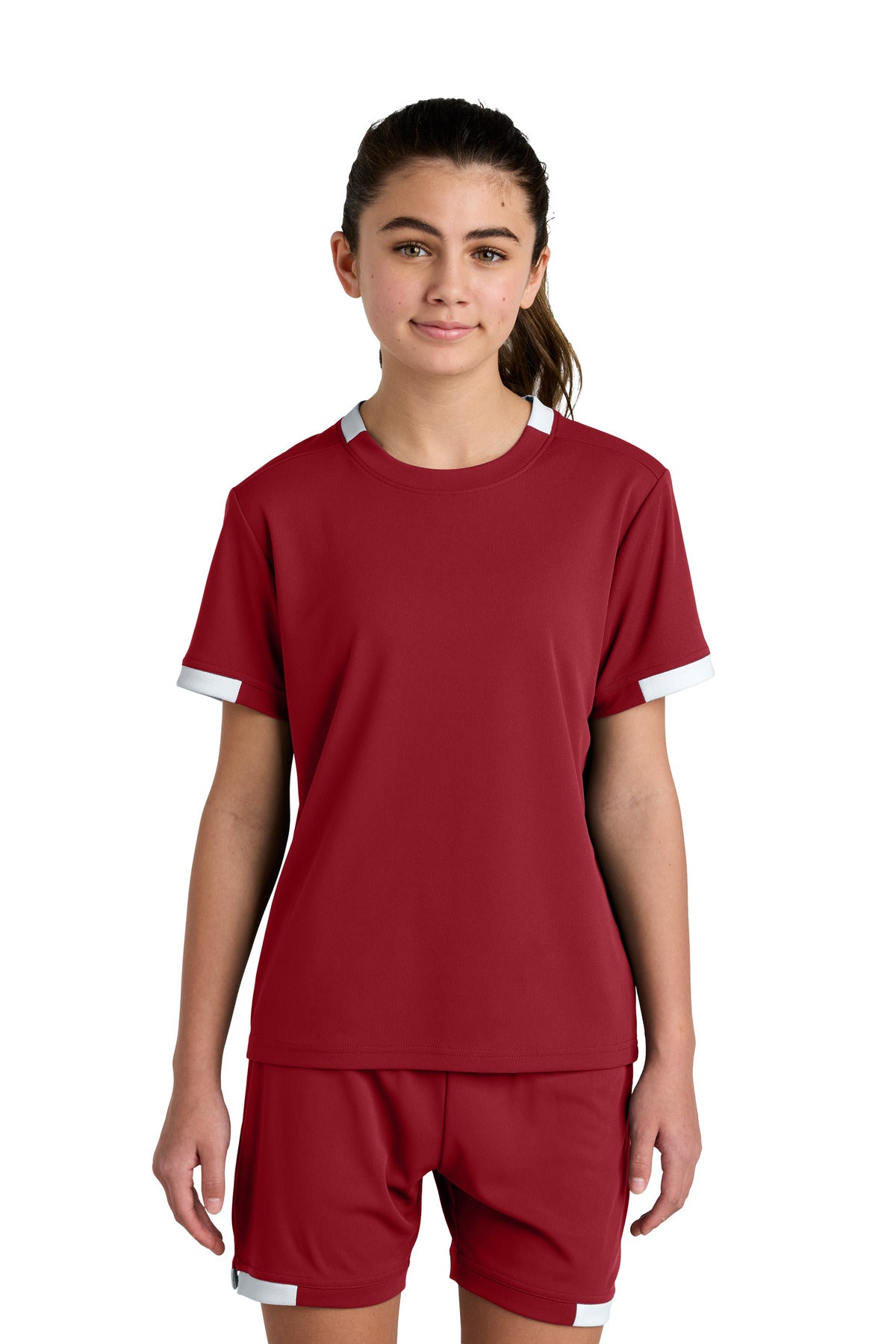 Sport-Tek Youth Club Short Sleeve Crew YST440 - Deep Red/ White - Front