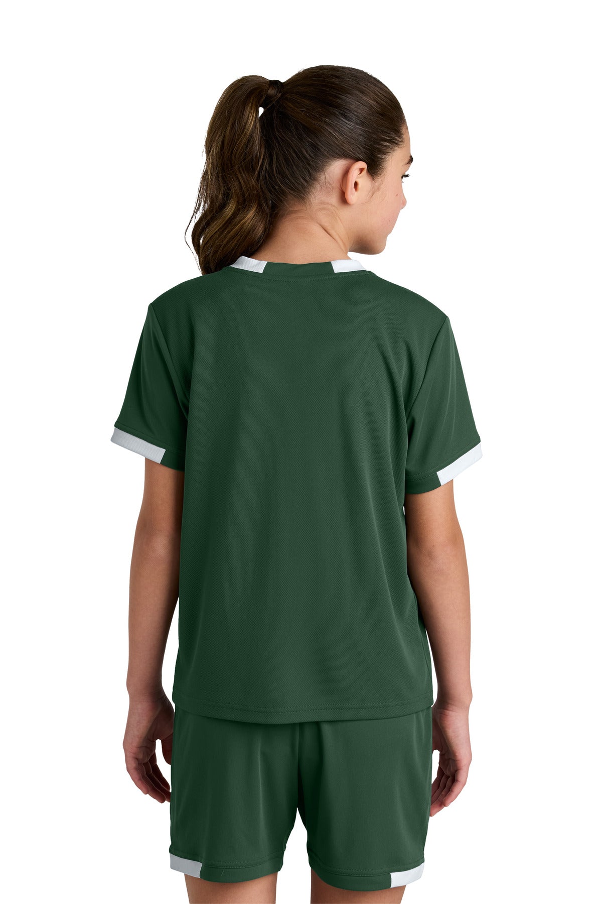 Sport-Tek Youth Club Short Sleeve Crew YST440 - Forest Green/ White - Back