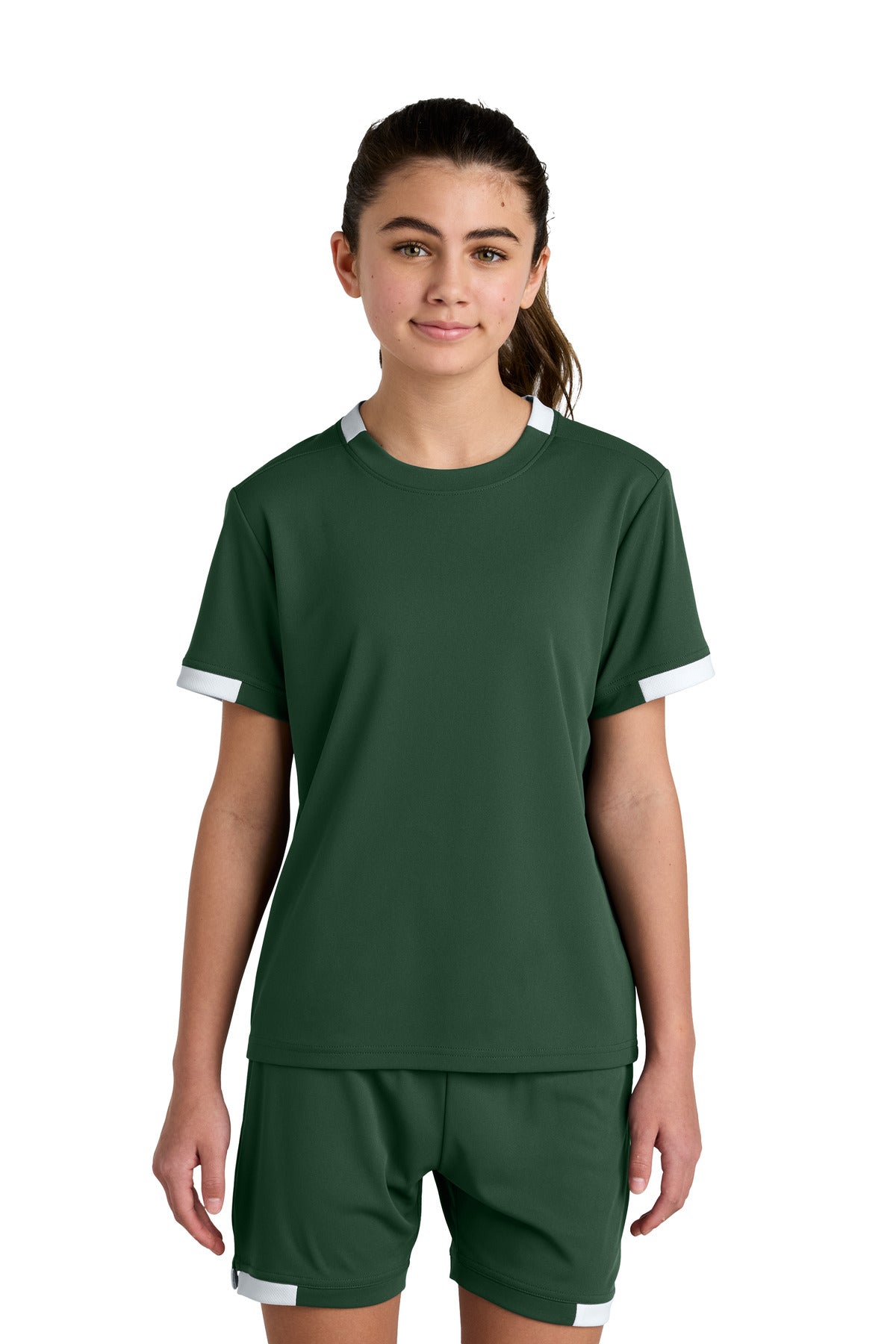Sport-Tek Youth Club Short Sleeve Crew YST440 - Forest Green/ White - Front