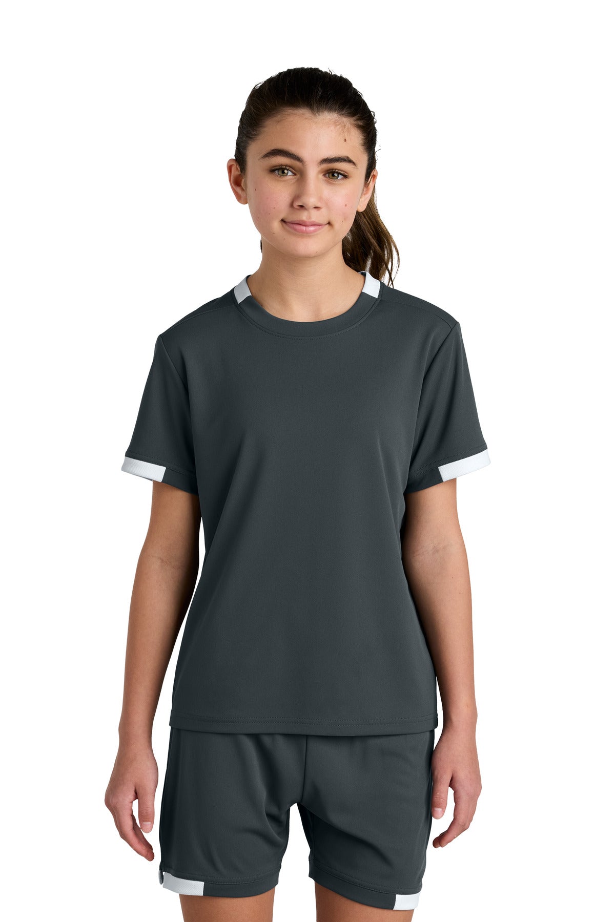Sport-Tek Youth Club Short Sleeve Crew YST440 - Iron Grey/ White - Front
