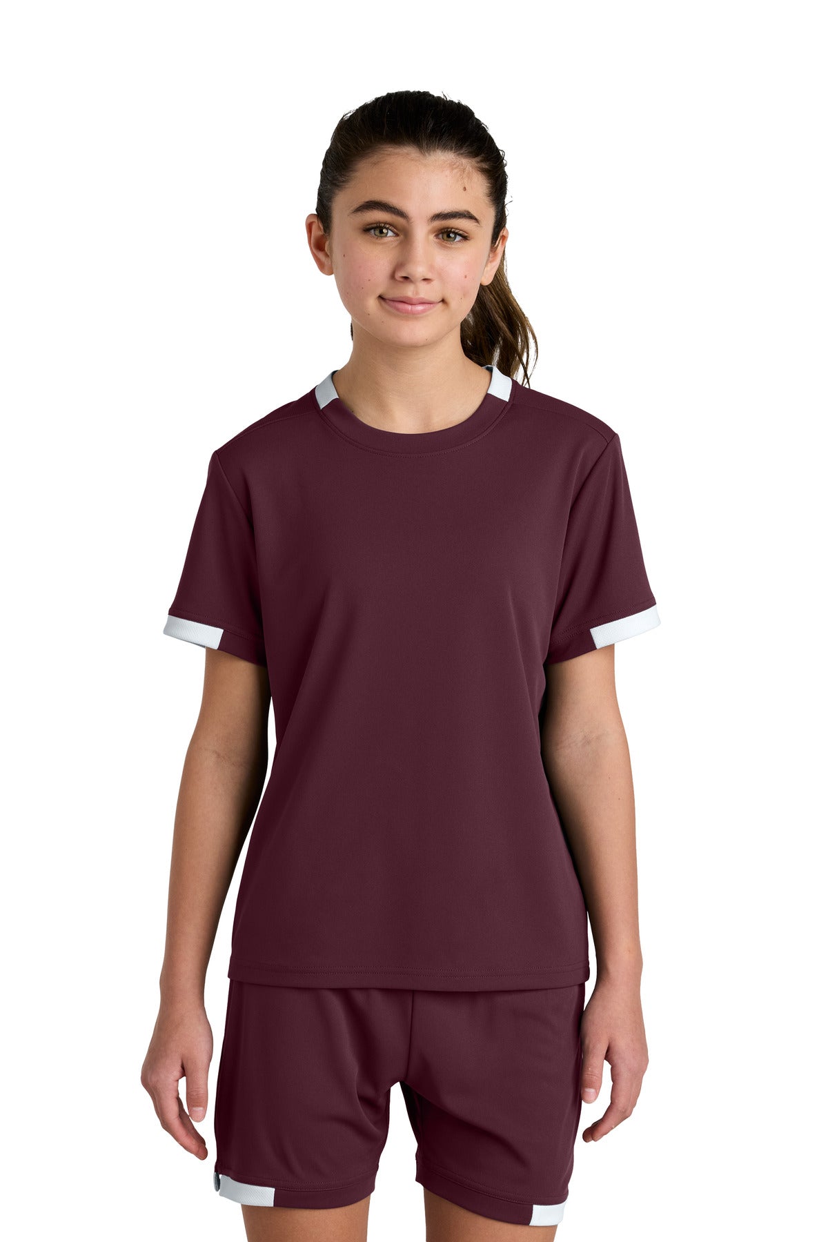 Sport-Tek Youth Club Short Sleeve Crew YST440 - Maroon/ White - Front