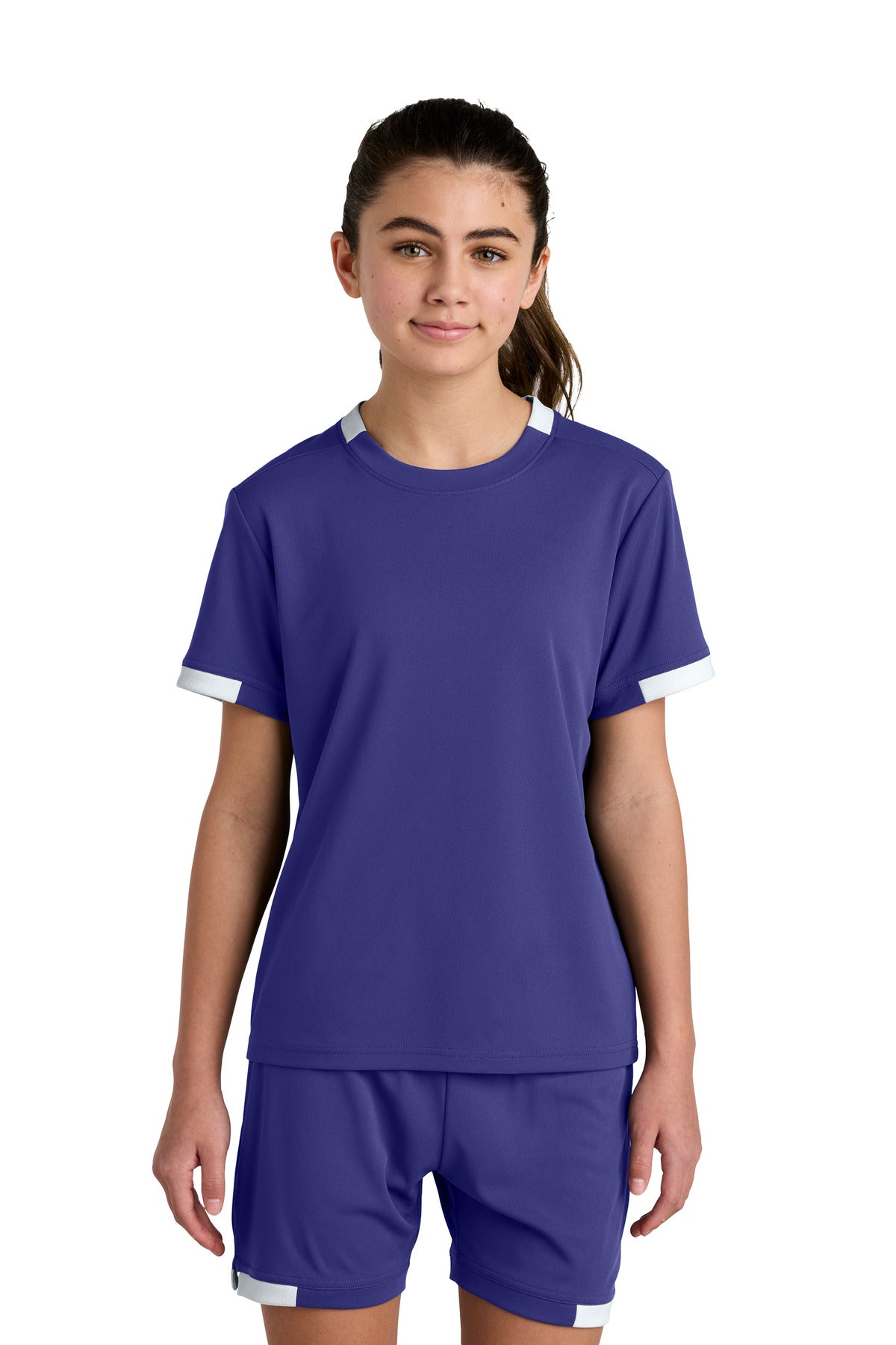 Sport-Tek Youth Club Short Sleeve Crew YST440 - Purple/ White - Front