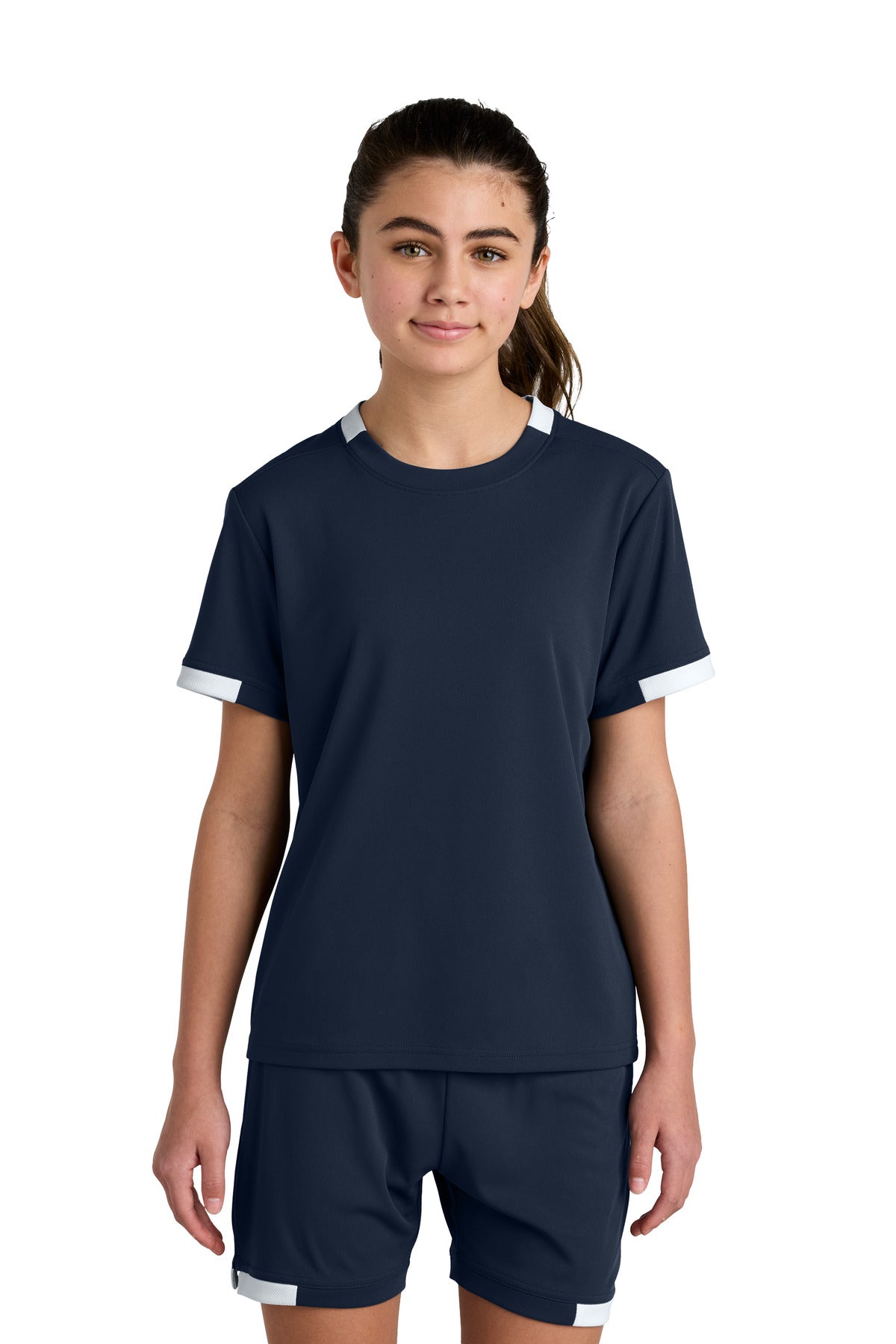 Sport-Tek Youth Club Short Sleeve Crew YST440 - True Navy/ White - Front