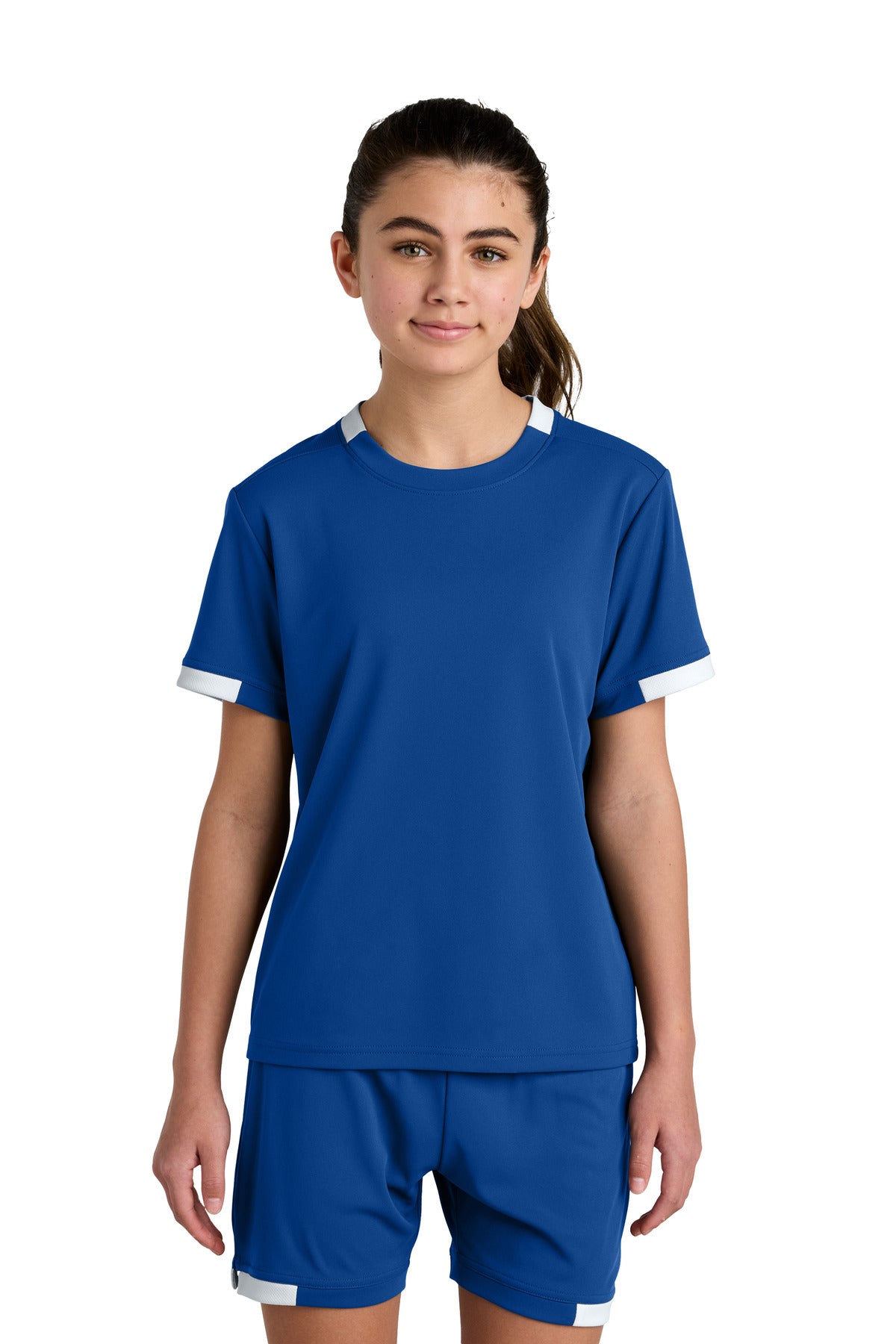 Sport-Tek Youth Club Short Sleeve Crew YST440 - True Royal/ White - Front