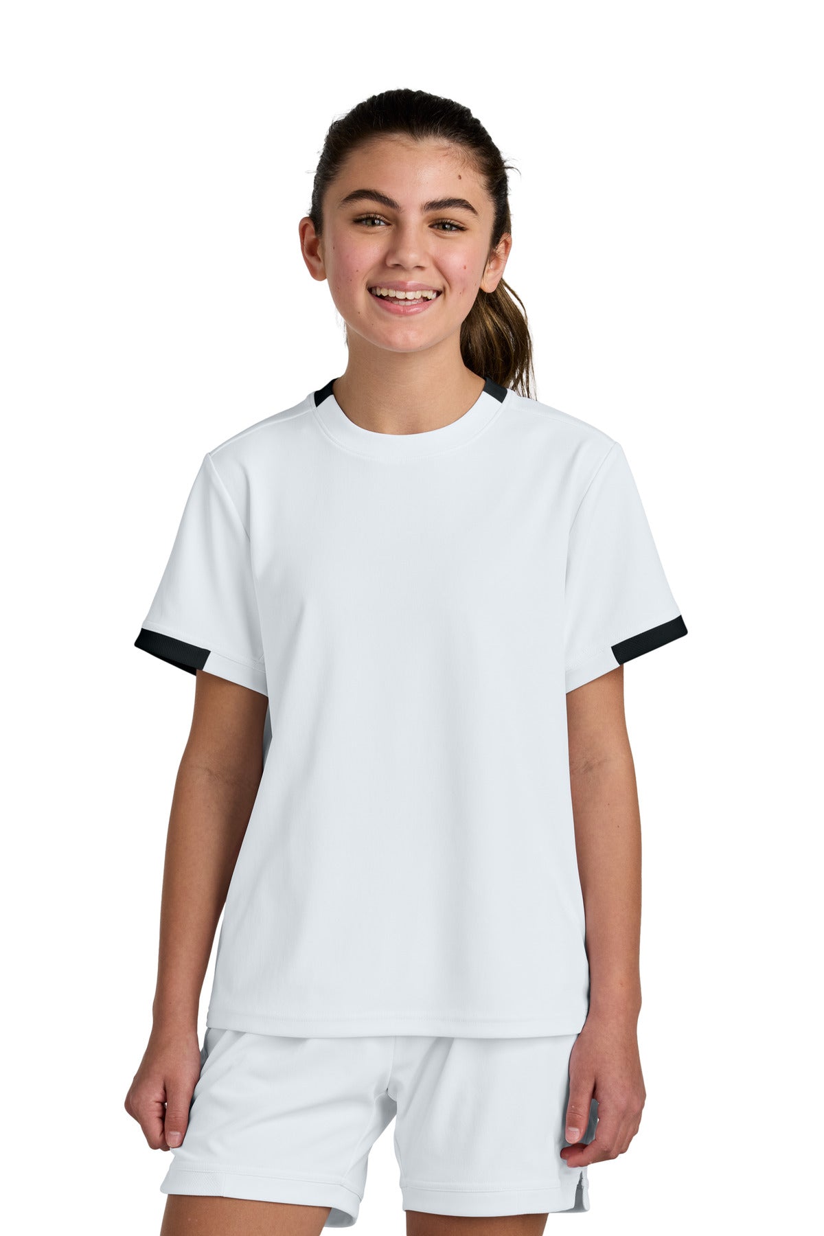 Sport-Tek Youth Club Short Sleeve Crew YST440 - White/ Black - Front